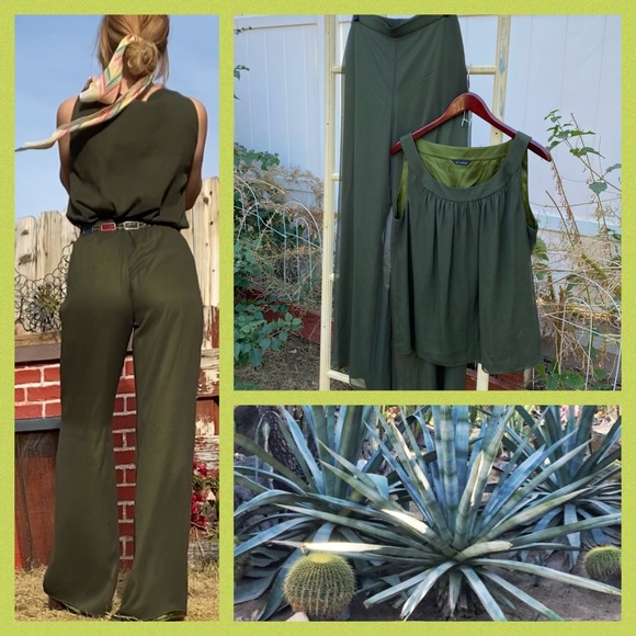 St. John Pants - St. John VTG layered green silk wide leg jumpsuit size 6 long